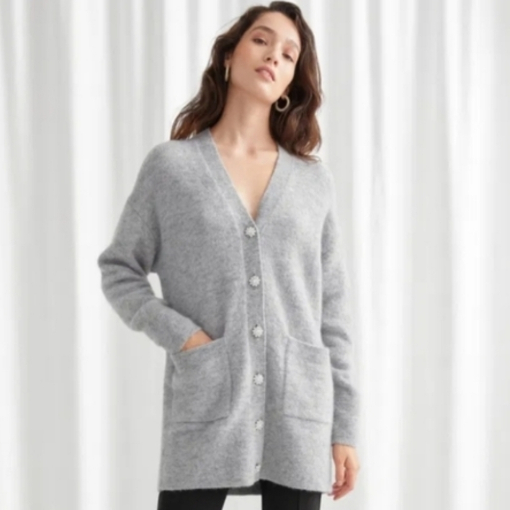 & Other Stories Alpaca Gray Relaxed Alpaca Blend Diamanté Button Cardigan Size M